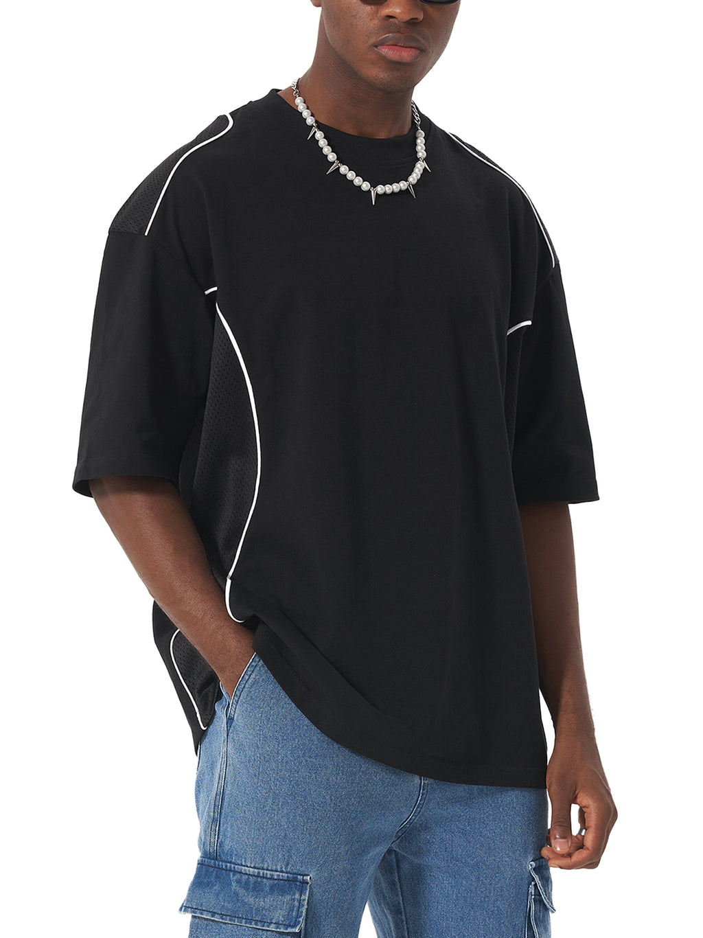 contrast t-shirt,panel t-shirt,piped t-shirt,streetwear t-shirt,unisex t-shirt,Noskoo