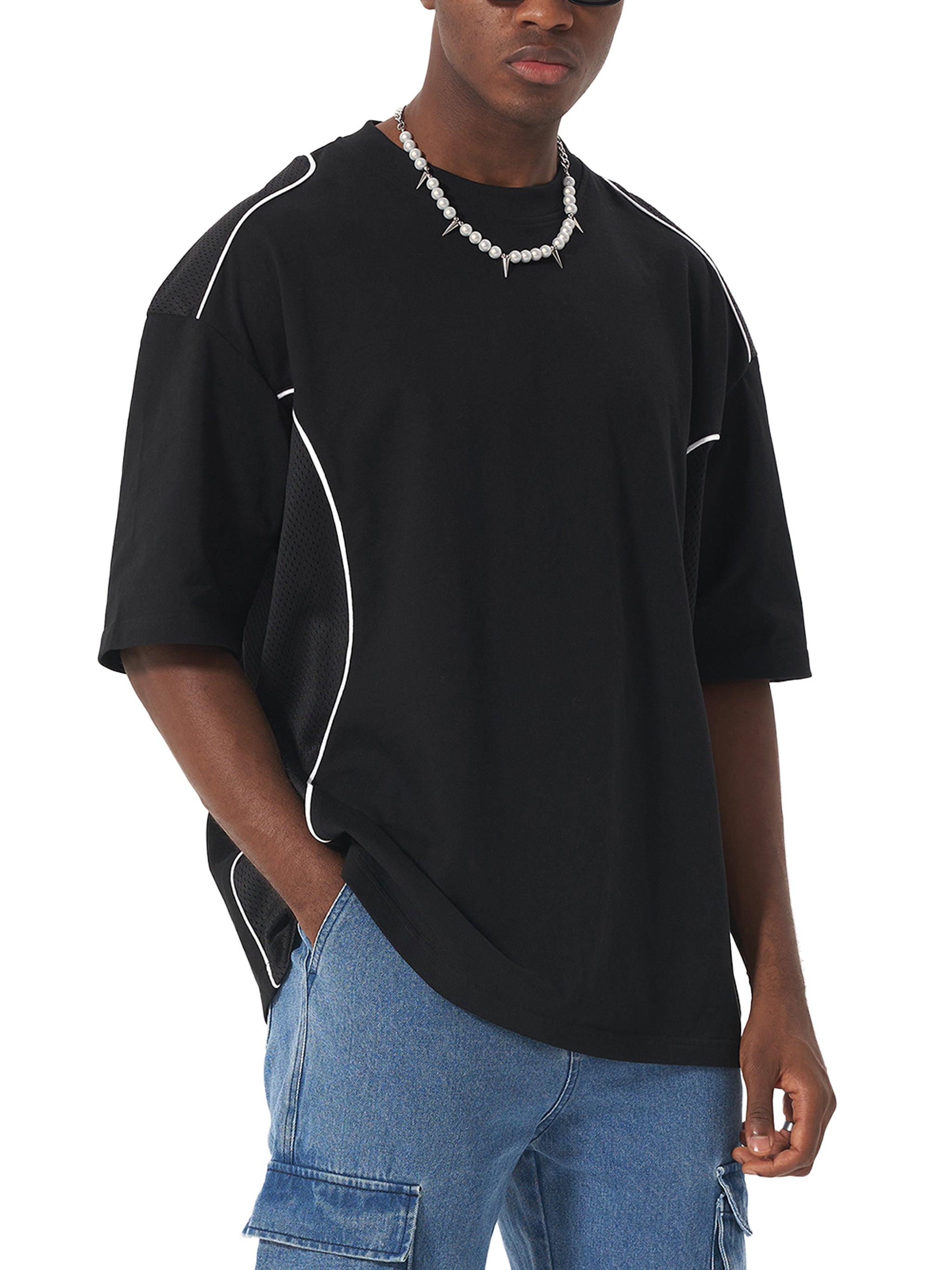 contrast t-shirt,panel t-shirt,piped t-shirt,streetwear t-shirt,unisex t-shirt,Noskoo