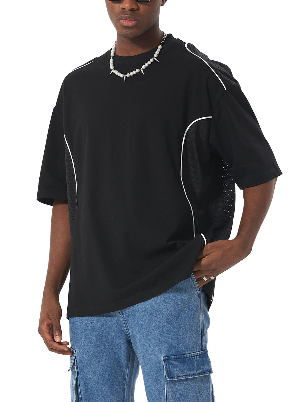 contrast t-shirt,panel t-shirt,piped t-shirt,streetwear t-shirt,unisex t-shirt,Noskoo